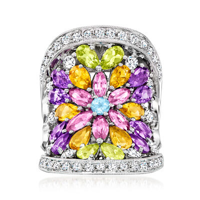 C. 1990 Vintage 4.84 ct. t.w. Multi-Gemstone and .94 ct. t.w. Diamond Floral Cocktail Ring in 18kt White Gold