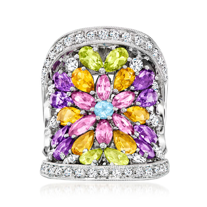 C. 1990 Vintage 4.84 ct. t.w. Multi-Gemstone and .94 ct. t.w. Diamond Floral Cocktail Ring in 18kt White Gold. Size 6.5 image number 0
