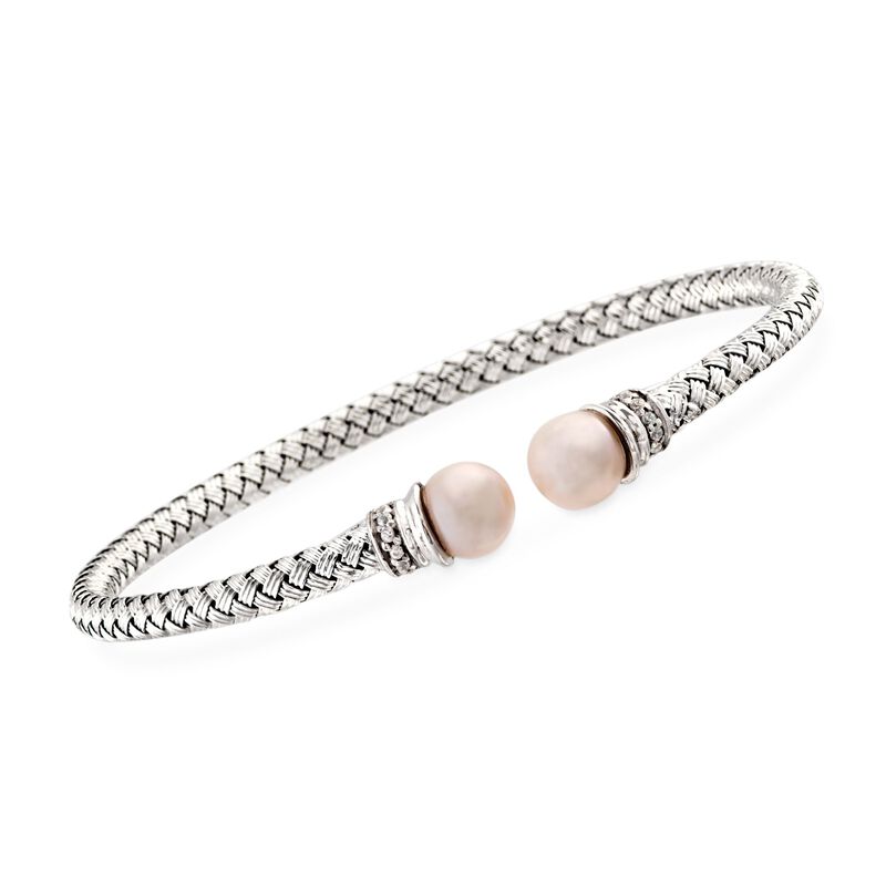 Charles Garnier &quot;Perla&quot; 7mm Cultured Pearl and .10 ct. t.w. CZ Cuff Bracelet in Sterling Silver. 7&quot; image number 0