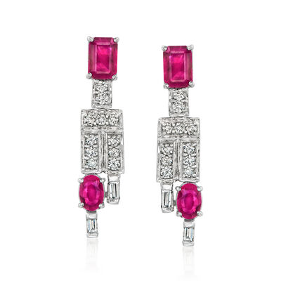 C. 1990 Vintage 2.80 ct. t.w. Ruby and .89 ct. t.w. Diamond Drop Earrings in 18kt White Gold
