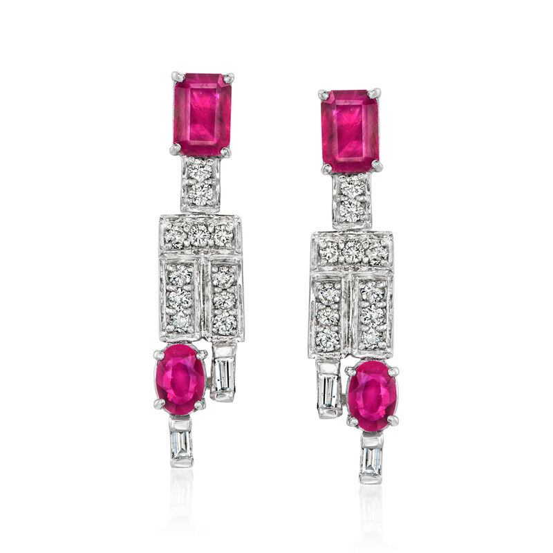 C. 1990 Vintage 2.80 ct. t.w. Ruby and .89 ct. t.w. Diamond Drop Earrings in 18kt White Gold image number 0