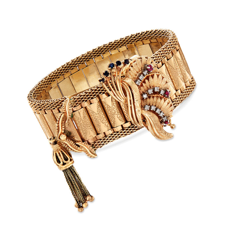 C. 1950 Vintage Geneva Women's 14kt Yellow Gold and .60 ct. Tw. Multi-Stone Watch Bracelet with .25 ct. t.w. Diamonds. Size 7.5 image number 0