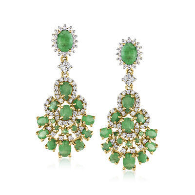 8.20 ct. t.w. Emerald and 1.70 ct. t.w. White Zircon Drop Earrings in 18kt Gold Over Sterling