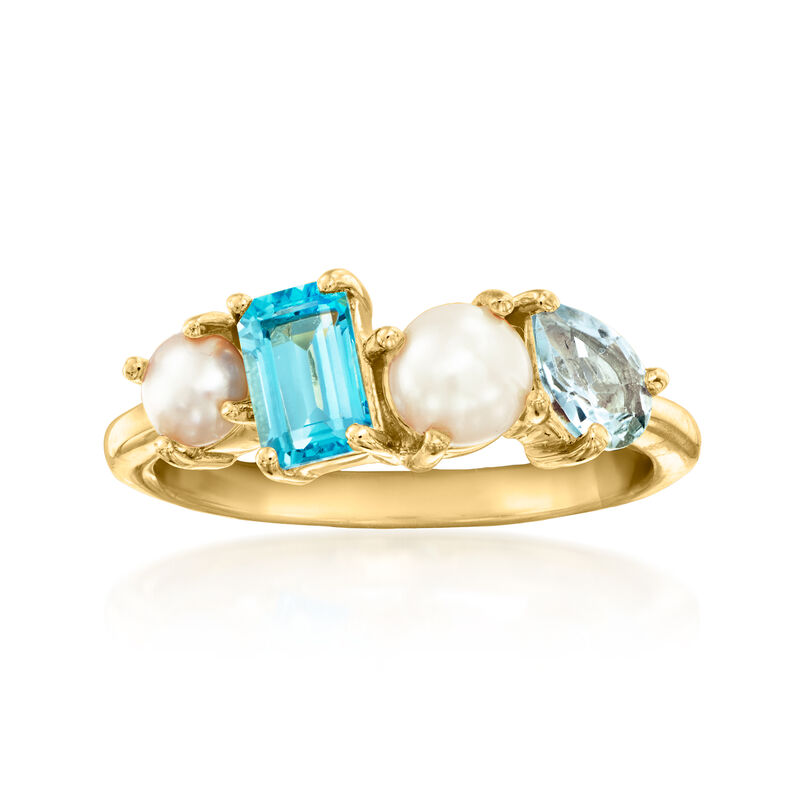 4-5mm Cultured Pearl and .90 ct. t.w. Swiss and Sky Blue Topaz Ring in 18kt Gold Over Sterling image number 0