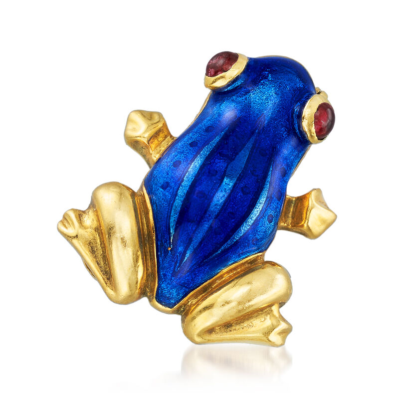C. 1980 Vintage Blue Enamel Frog Pin with Ruby Accents in 18kt Yellow Gold image number 0