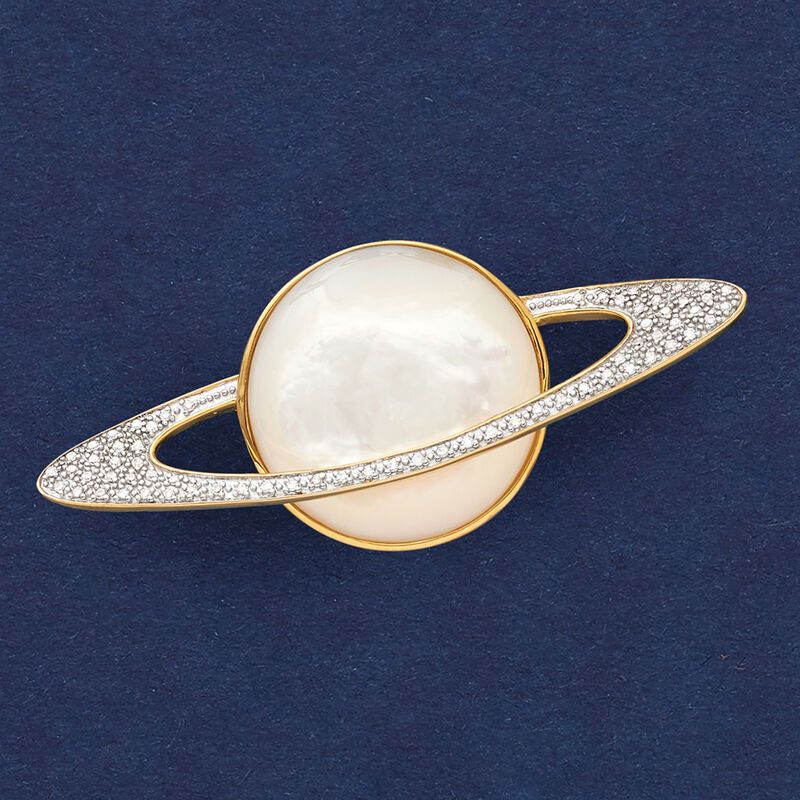 Mother-of-Pearl and .20 ct. t.w. Diamond Planet Pin in 18kt Yellow Gold Over Sterling Silver  image number 2