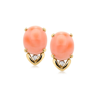 C. 1980 Vintage Coral Earrings with Diamonds in 14kt Yellow Gold