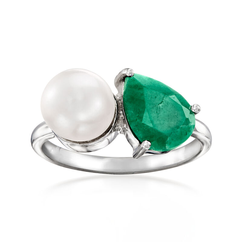 7.5-8mm Cultured Pearl and 1.70 Carat Emerald Toi et Moi Ring in Sterling Silver image number 0