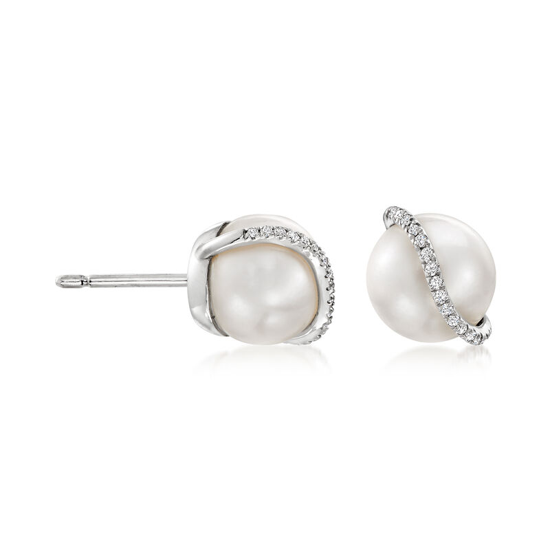 8-8.5mm Cultured Pearl and Diamond Swirl Earrings in Sterling Silver  image number 2