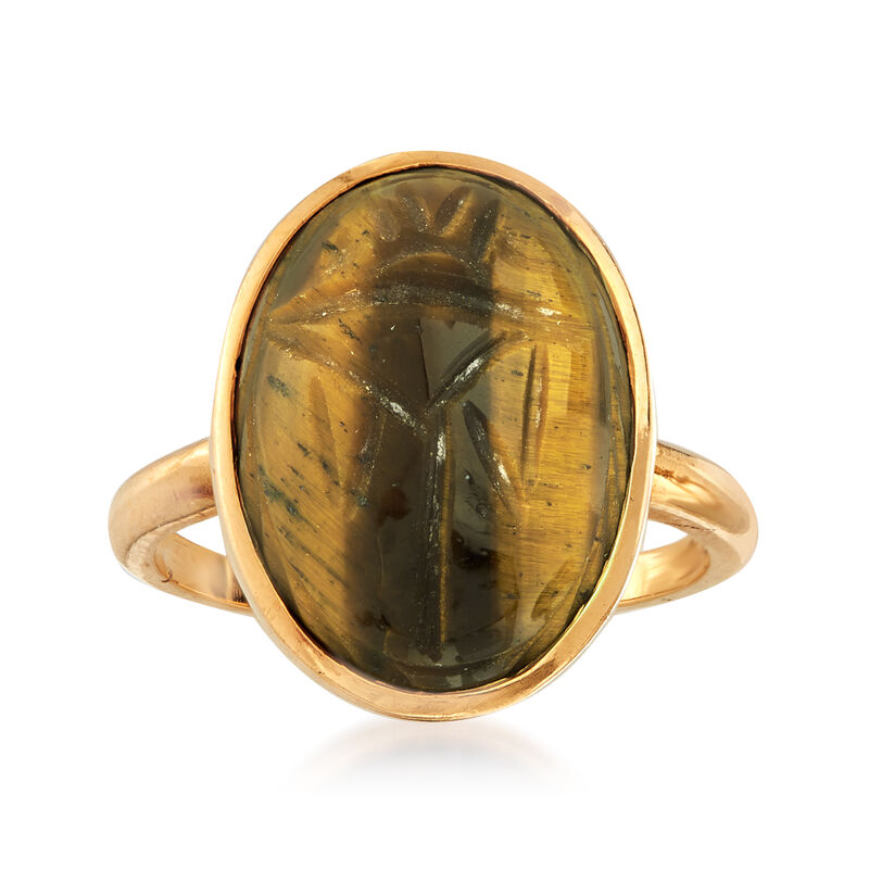 C. 1970 Vintage Tiger's Eye Scarab Ring in 14kt Yellow Gold image number 0