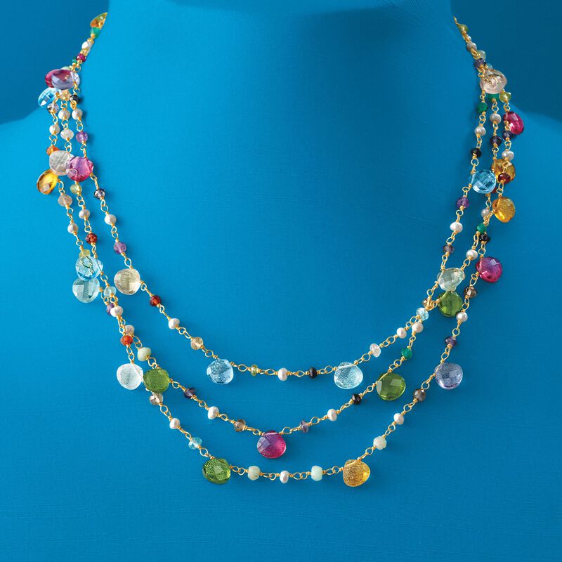 Multi-Stone and Cultured Pearl Three-Strand Necklace in 14kt Gold Over Sterling image number 2