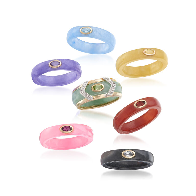 Multicolored Jade and Multi-Stone Jewelry Set: Seven Bands with Diamond-Accented 14kt Gold Ring Jacket image number 2