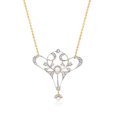 C. 1920 Vintage 3.5-4.5mm Cultured Pearl and .85 ct. t.w. Diamond Necklace in Sterling Silver and 14kt Yellow Gold