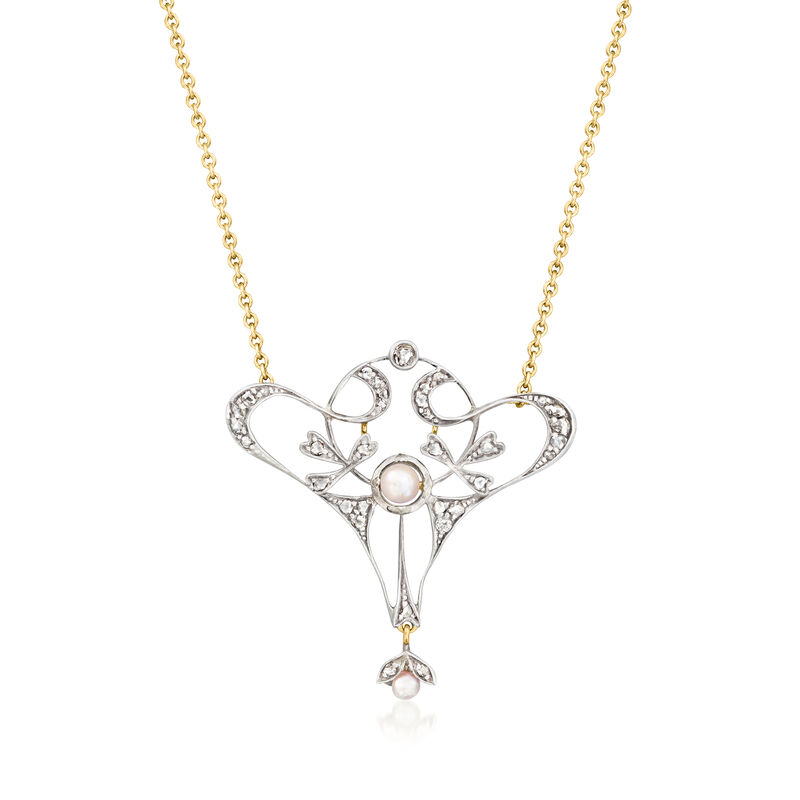 C. 1920 Vintage 3.5-4.5mm Cultured Pearl and .85 ct. t.w. Diamond Necklace in Sterling Silver and 14kt Yellow Gold. 18.5" image number 0