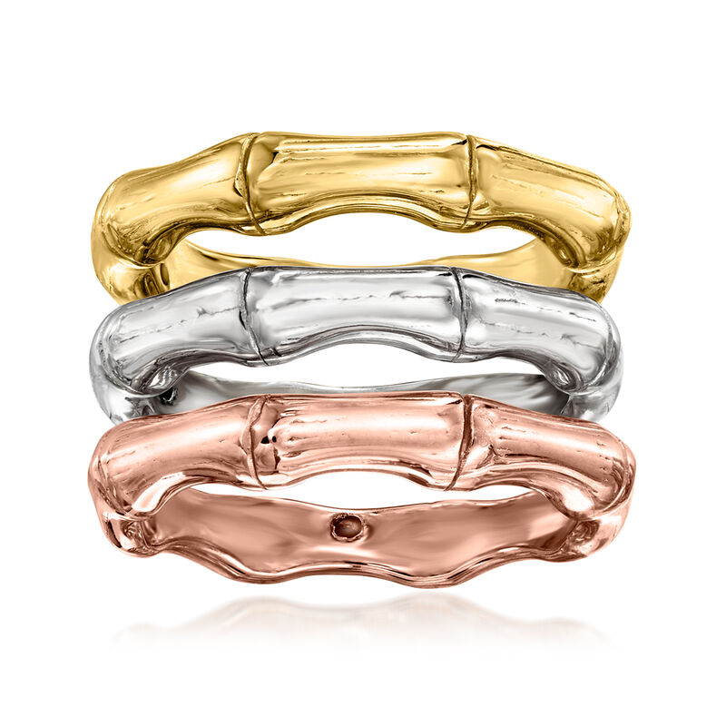 Italian Tri-Colored Sterling Silver Jewelry Set: Three Bamboo-Style Rings image number 0