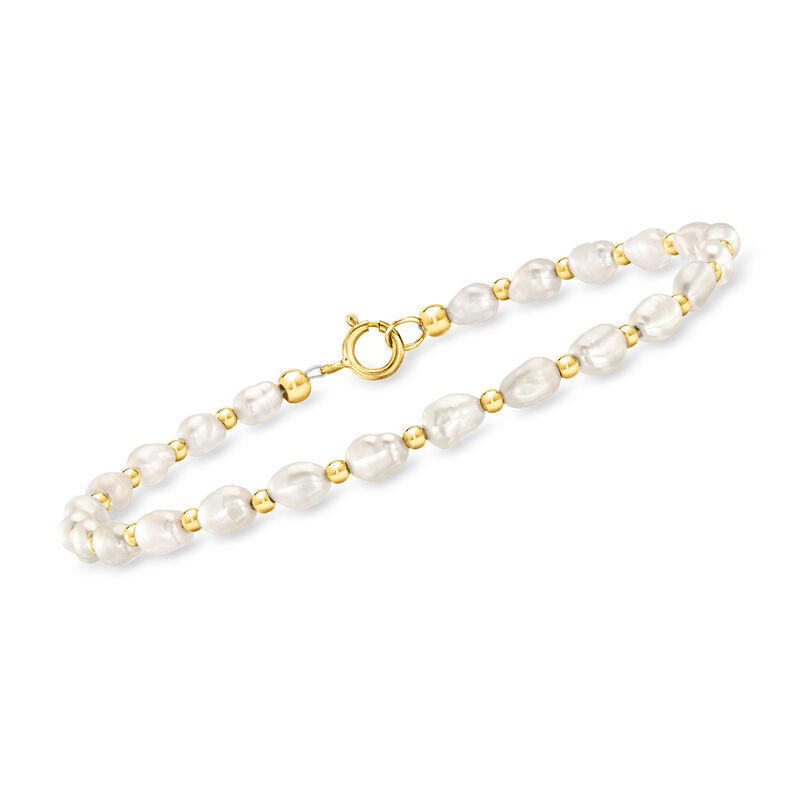 3-4mm Cultured Baroque Pearl and 14kt Yellow Gold Bead Bracelet image number 0