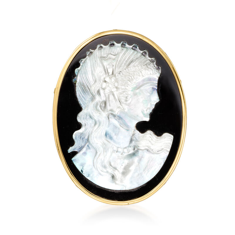 C. 1980 Vintage Black Onyx and Mother-of-Pearl Cameo Pin/Pendant in 18kt Yellow Gold image number 3