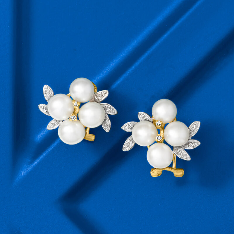 5.5-6mm Cultured Pearl Cluster Earrings with Diamonds in 14kt Yellow Gold image number 3