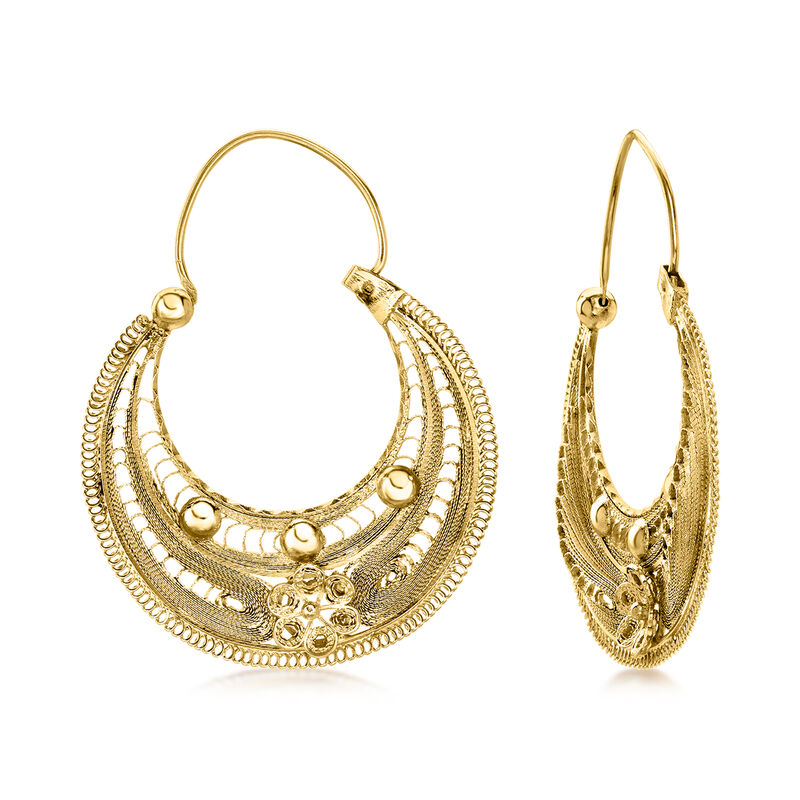C. 1970 Vintage 10kt Yellow Gold Floral Openwork Hoop Earrings. 1 9/16" image number 0