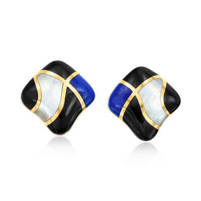 C. 1990 Vintage Asch Grossbardt Multi-Gemstone Inlay Earrings in 14kt Yellow Gold