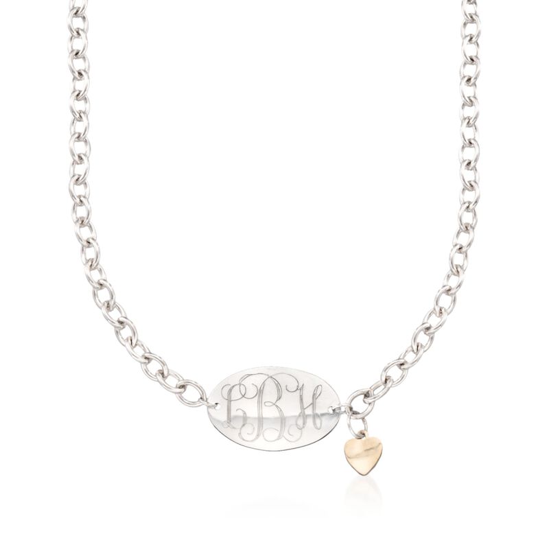 Sterling Silver Monogram Oval Necklace with 14kt Yellow Gold Heart Charm. 18&quot; image number 1