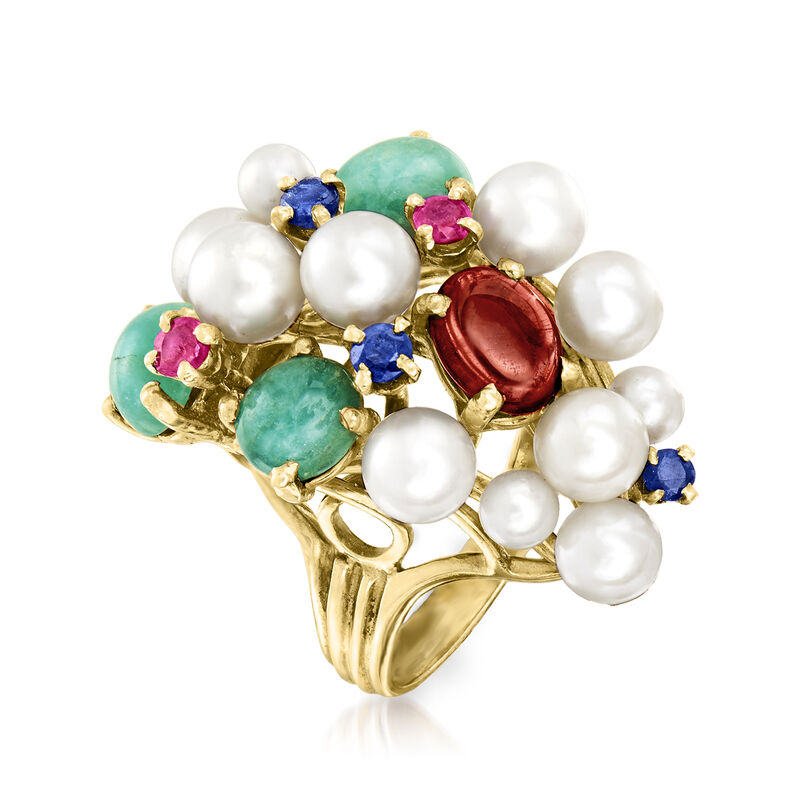 C. 1970 Vintage Cultured Pearl and 3.75 ct. t.w. Multi-Gem Cluster Ring in 14kt Yellow Gold image number 2