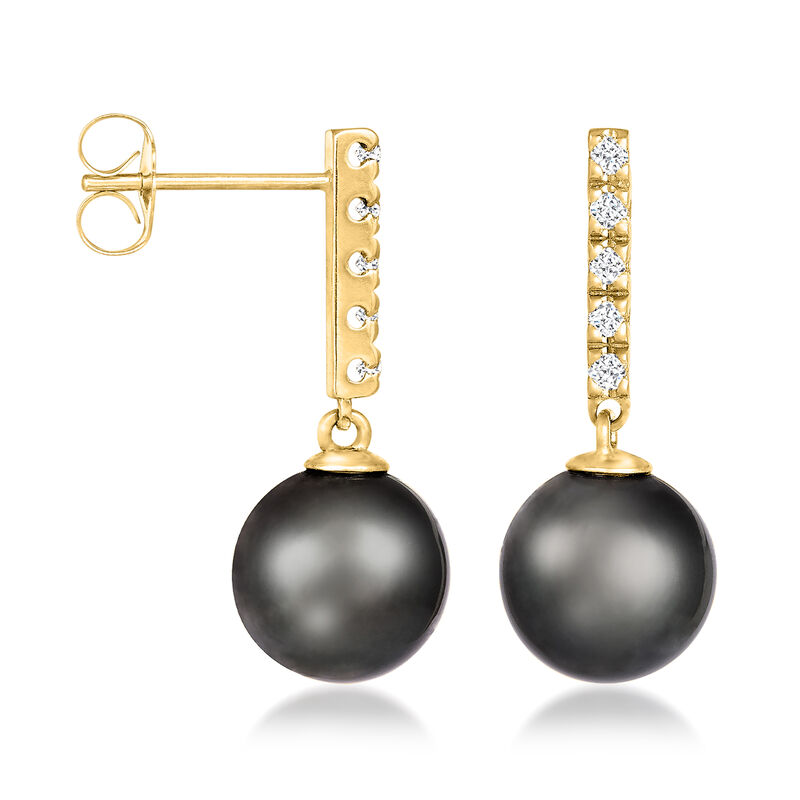 9.5-10mm Black Cultured Tahitian Pearl Drop Earrings with .10 ct. t.w. Diamonds in 14kt Yellow Gold  image number 1