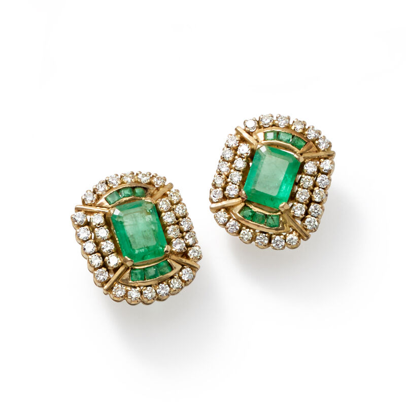 C. 1980 Vintage 2.25 ct. t.w. Emerald and 1.50 ct. t.w. Diamond Earrings in 14kt Yellow Gold  image number 2