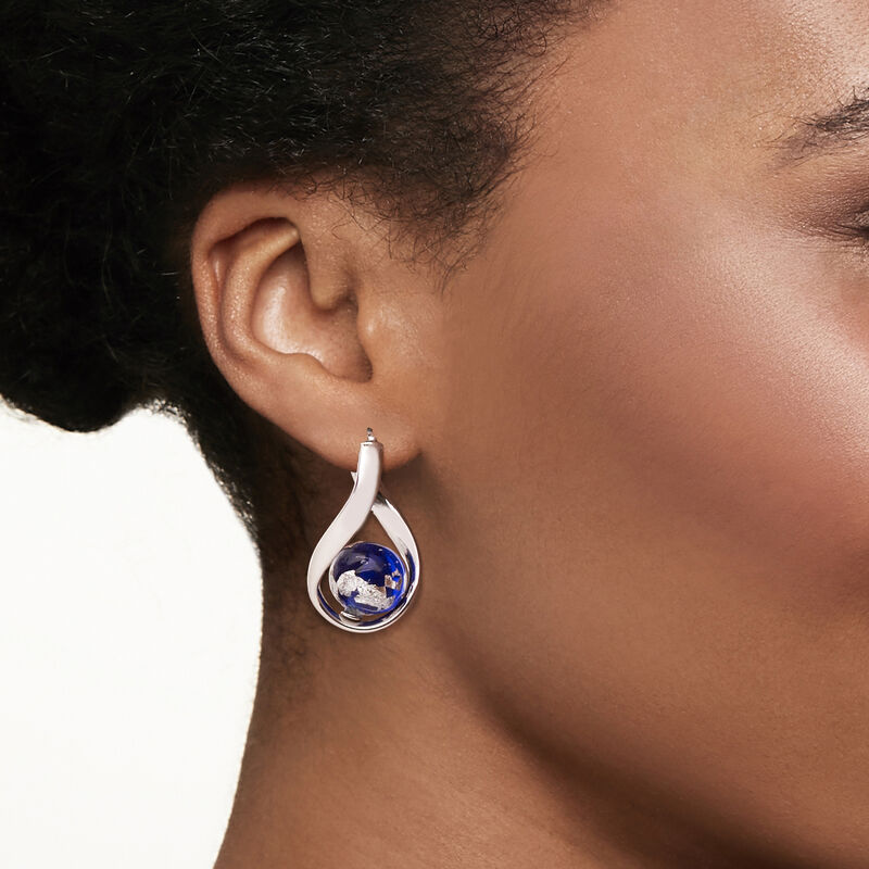 Italian Blue and Silvertone Murano Glass Bead Curved Hoop Earrings in Sterling Silver. 1 1/4&quot; image number 1
