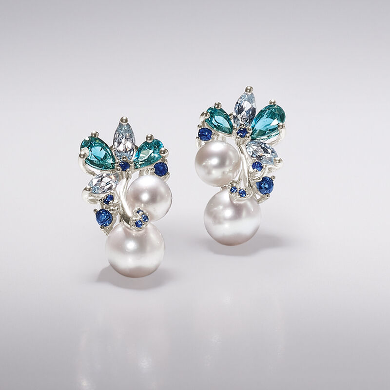 6-8.5mm Cultured Pearl and 2.00 ct. t.w. Sky Blue Topaz and London Blue Topaz Earrings with .10 ct. t.w. Sapphires in Sterling Silver  image number 3