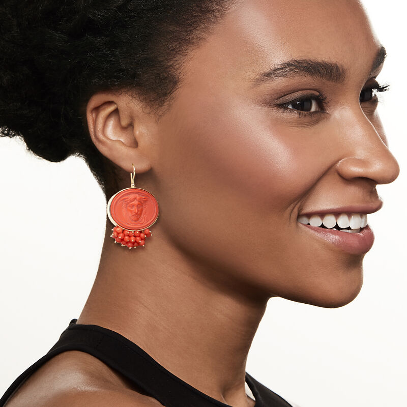 Italian Tagliamonte Red Coral and Venetian Glass Medusa Drop Earrings in 18kt Gold Over Sterling image number 1