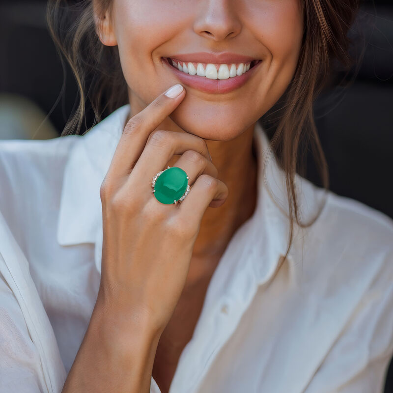 C. 2000 Vintage Green Chalcedony Ring with .57 ct. t.w. Diamonds in Platinum image number 1