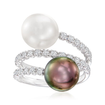 9-9.5mm Multicolored Cultured South Sea Pearl Bypass Ring with .60 ct. t.w. Diamonds in 18kt White Gold