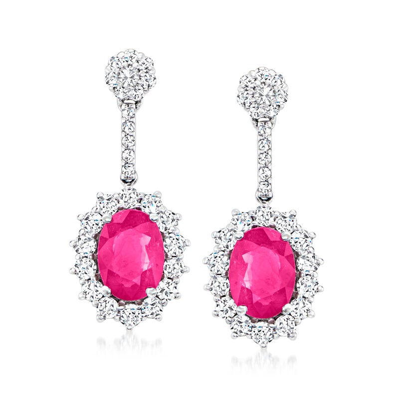 2.00 ct. t.w. Ruby and .75 ct. t.w. Diamond Drop Earrings in 14kt White Gold image number 0