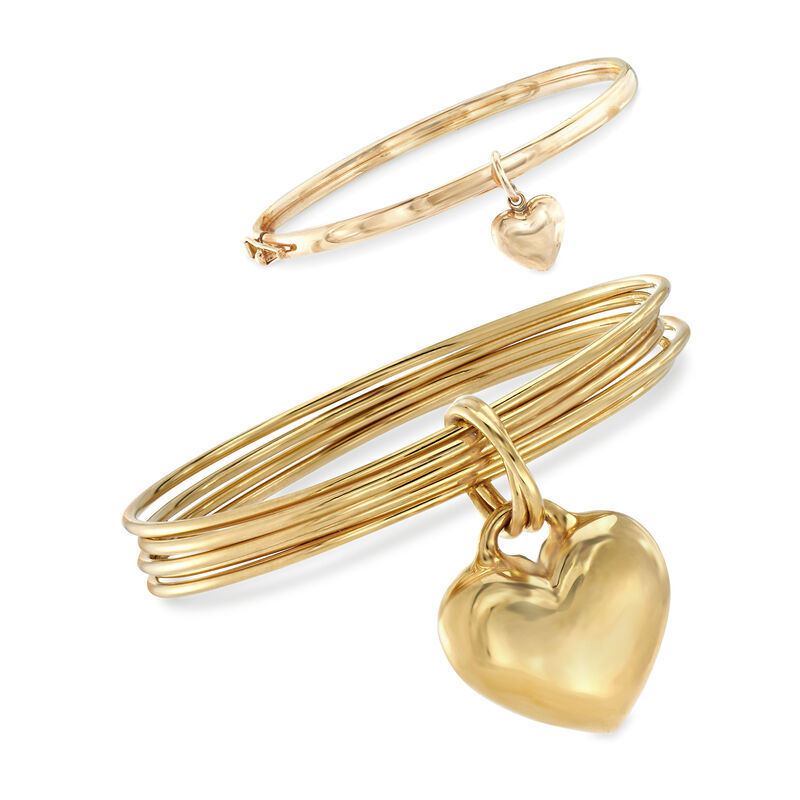 Andiamo Mom & Me Heart Charm Bangle Bracelet Set of 2 in 14kt Yellow Gold and 14kt Gold Over Resin. 7&quot; image number 0