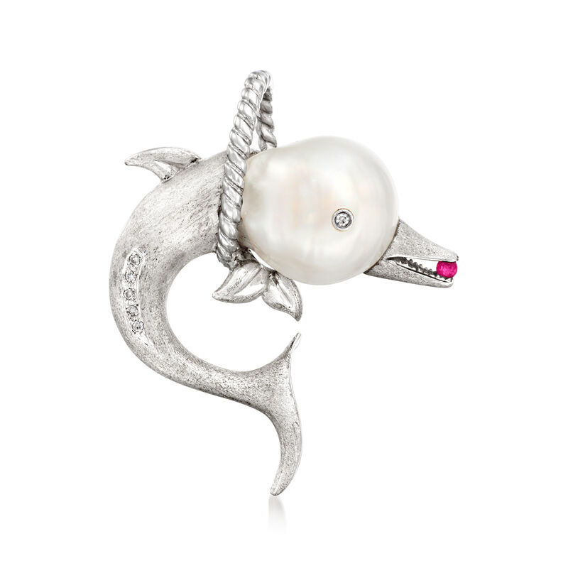 C. 1980 Vintage South Sea Pearl Dolphin Pin with Diamond and Ruby Accents in 18kt White Gold image number 0