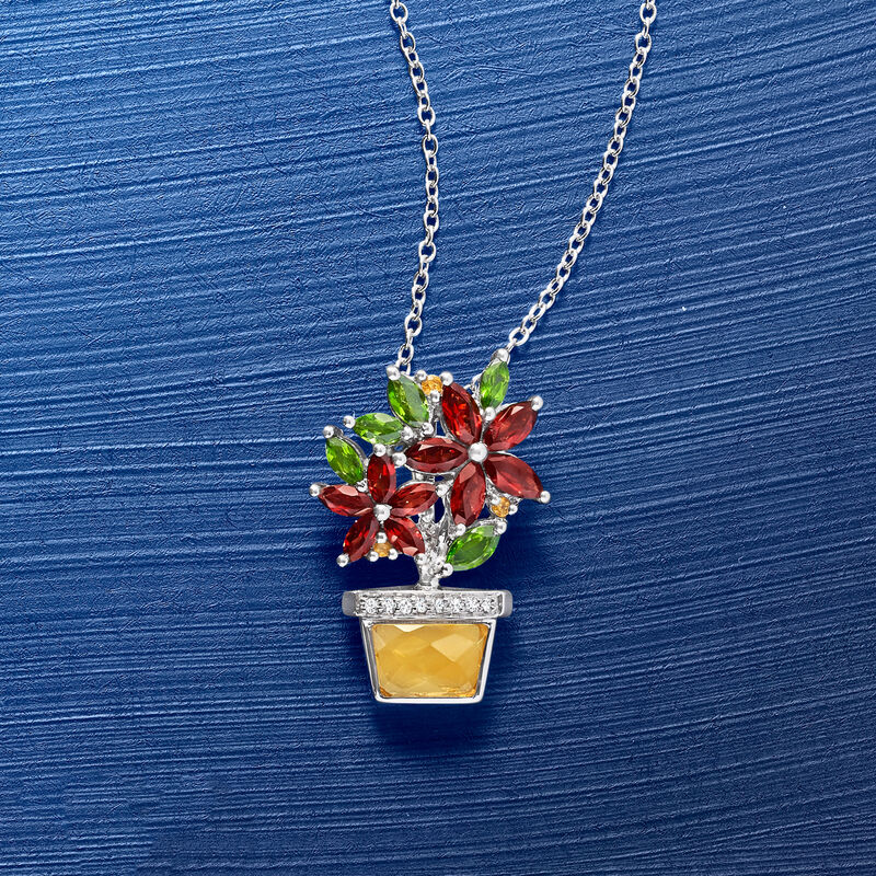 3.65 ct. t.w. Multi-Gemstone Flowers in Pot Pendant Necklace in Sterling Silver image number 4