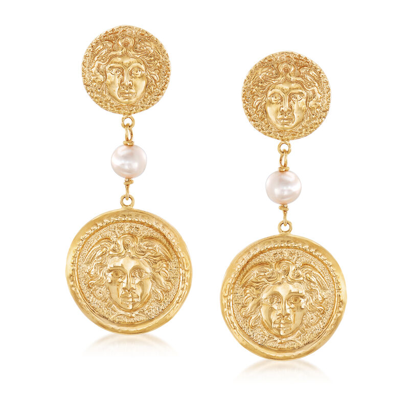 Italian 6mm Cultured Pearl Medusa Drop Earrings in 18kt Yellow Gold Over Sterling Silver image number 0