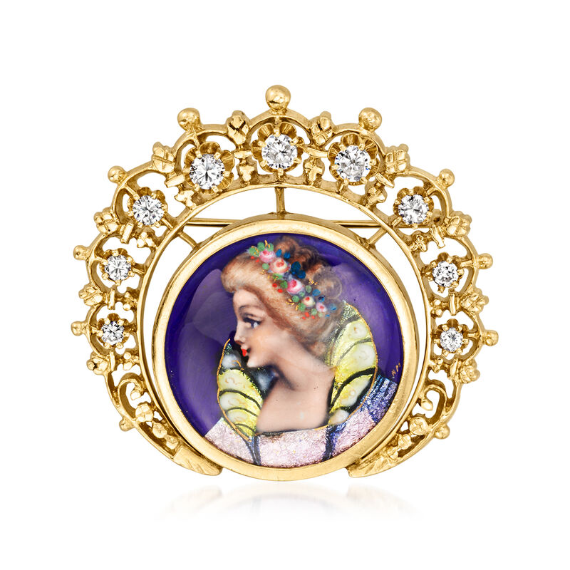 C. 1970 Vintage 1.00 ct. t.w. Diamond Painted Portrait Pin/Pendant with Enamel in 14kt Yellow Gold  image number 0