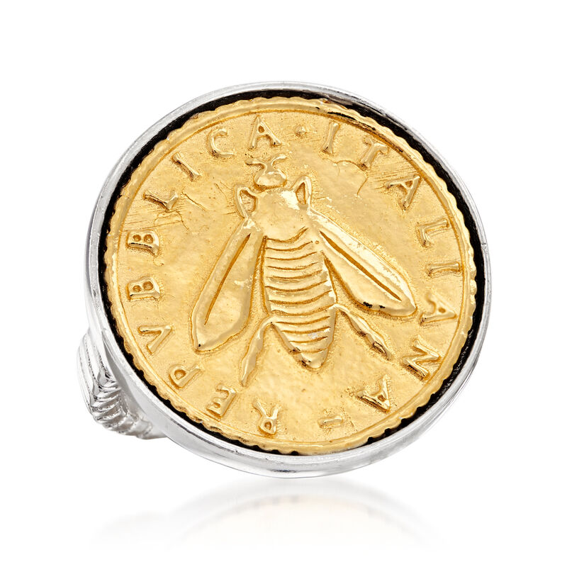 Italian Replica Lira Bee Coin Ring in Sterling Silver and 18kt Gold Over Sterling image number 3