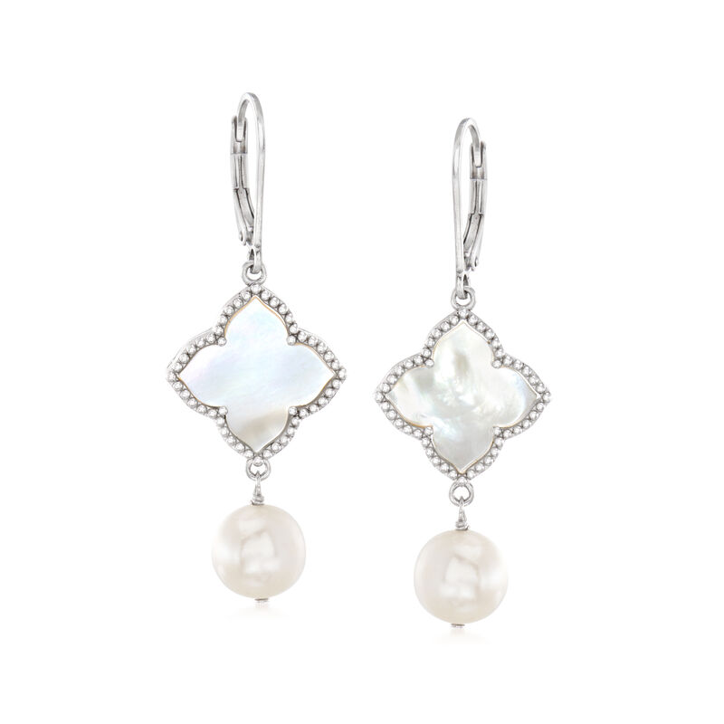 8.5-9mm Cultured Pearl and 15mm Mother-of-Pearl Drop Earrings in Sterling Silver image number 0