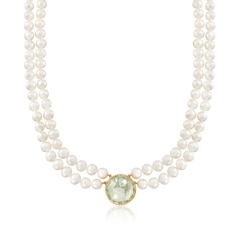 7-7.5mm Cultured Pearl and 20.00 Carat Prasiolite Double-Strand Necklace in 14kt Yellow Gold image number 0
