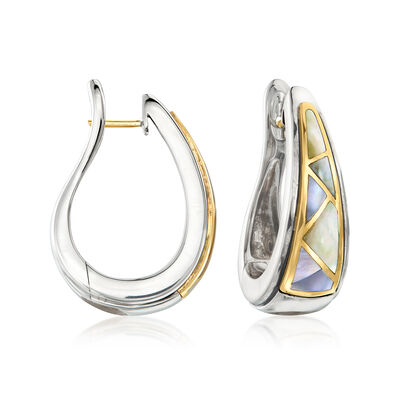 C. 1980 Vintage Asch Grossbardt Multicolored Mother-of-Pearl Inlay Hoop Earrings in Sterling Silver and 18kt Yellow Gold