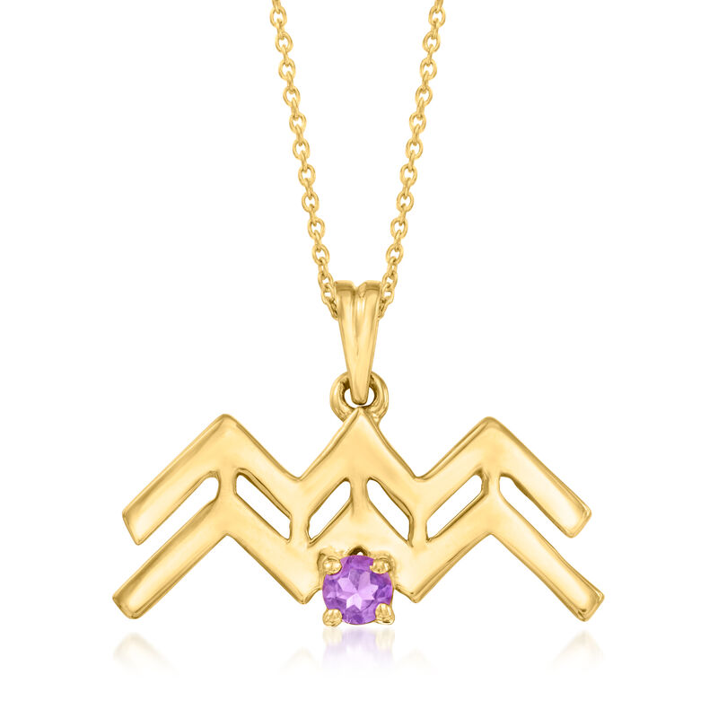 Aquarius/Amethyst - Gemstone Zodiac Pendant Necklace in 18kt Gold Over Sterling. 18&quot;  image number 0