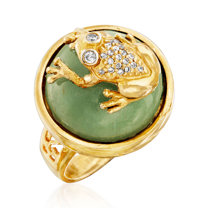 Italian Aventurine and .13 ct. t.w. CZ Frog Ring in 18kt Gold Over Sterling image number 3