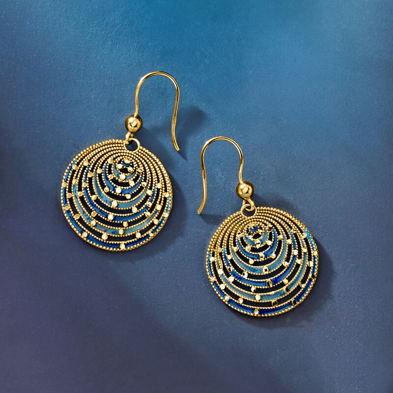 Italian Blue Enamel Circle Drop Earrings in 18kt Gold Over Sterling  image number 2