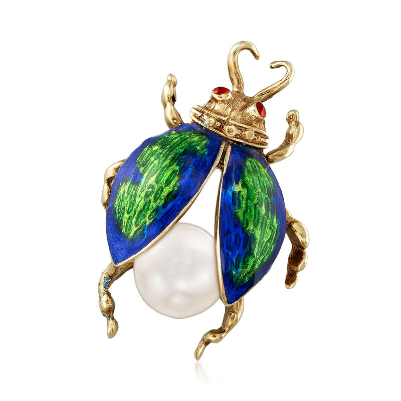 C. 1980 Vintage 9mm Cultured Pearl and Enamel Bug Pin in 14kt Yellow Gold image number 0