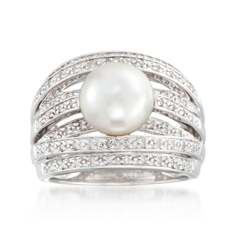 9mm Cultured Pearl and .20 ct. t.w. Diamond Highway Ring in Sterling Silver image number 0