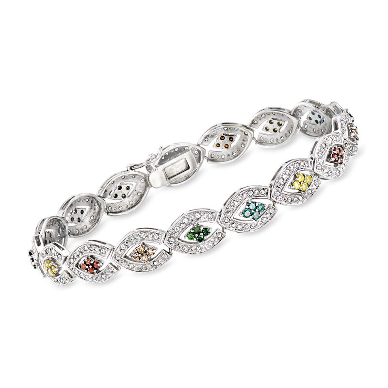 C. 1990 Vintage 2.95 ct. t.w. Multicolored Diamond Link Bracelet in 14kt White Gold. 7.5" image number 0