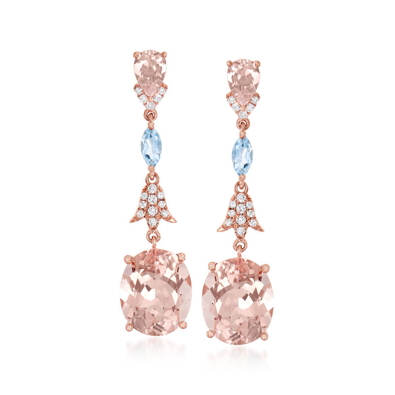 7.60 ct. t.w. Morganite, .30 ct. t.w. Aquamarine and .17 ct. t.w. Diamond Drop Earrings in 14kt Rose Gold image number 0
